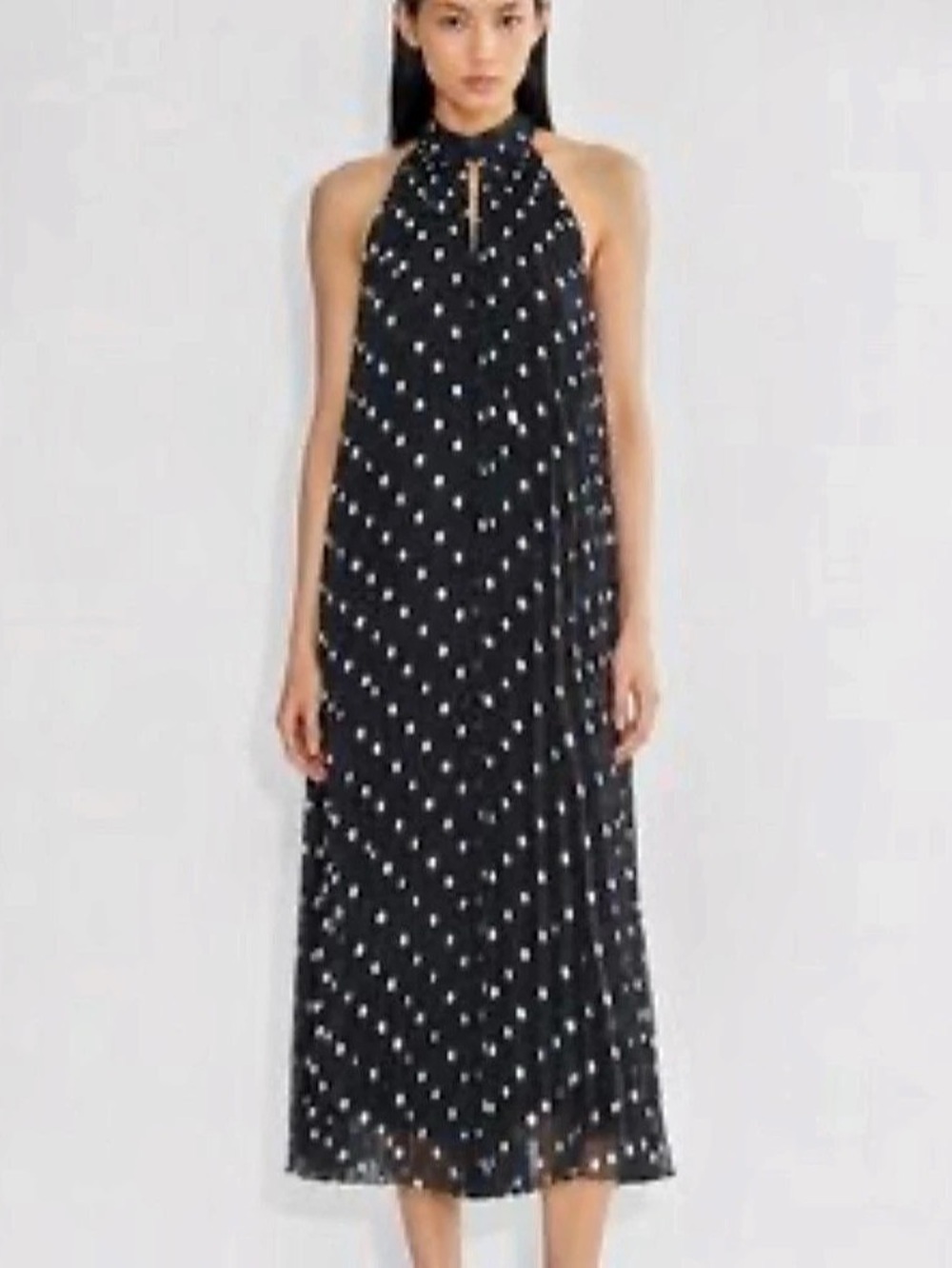 Aritzia Wilfred Mosaic Navy White Polka Dot Pleated Chiffon Midi Dress Chic M